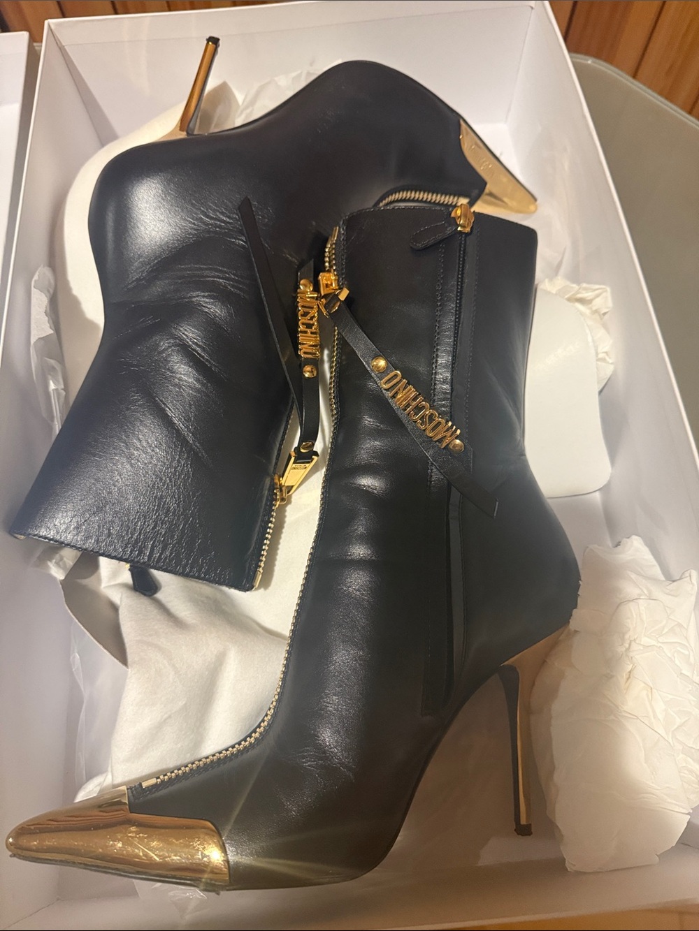 Moschino Black Leather Pointed Toe Mid-Calf Boots with Gold Accents - Picture 10 of 12